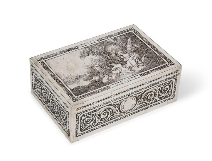 A silver plated 'Le Denicheur' design jewellery box, c.1900, the rectangular box engraved with a reproduction of Le Boucher's painting to lid, copper tones to detailed areas, the sides designed with foliate scroll decoration and the interior lined...