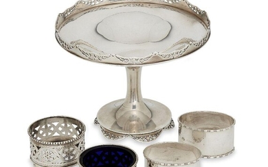 A small silver tazza, Birmingham, c.1912, maker's mark rubbed, designed with pierced, shaped edge, together with a pair of pierced Edwardian silver salts, Birmingham, c.1902, Thomas Hayes, designed with quatrefoil motifs to sides and beaded rims...