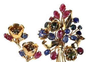 A varicoloured gemstone spray brooch and earrings set, c.1940-1950
