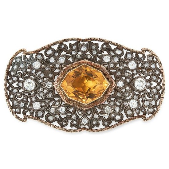 AN ANTIQUE CITRINE AND DIAMOND BROOCH in yellow gold