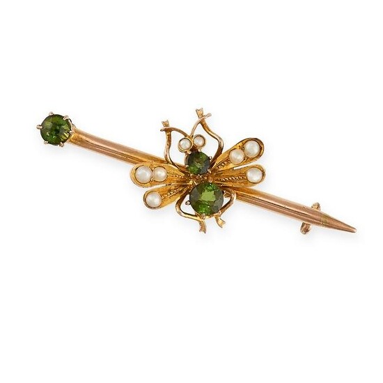 AN ANTIQUE GEMSET AND PEARL INSECT BROOCH in 9ct yellow