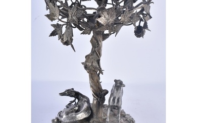 AN ANTIQUE SILVER PLATED DOUBLE DOG AND TREE STUMP TABLE CEN...