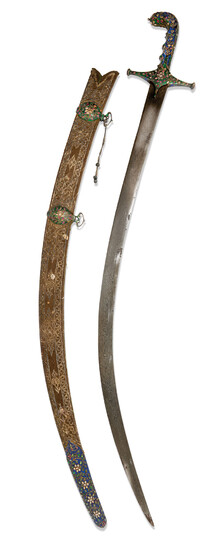 AN ENAMELLED AND GEM-SET SILVER-HILTED CURVED SWORD (SHAMSHIR), PROBABLY LUCKNOW, NORTH INDIA, LATE 18TH/ EARLY 19TH CENTURY