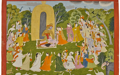 AN ILLUSTRATION FROM A KIRATA ARJUNIYA SERIES: ARJUNA VISITED BY APSARAS AND GANDHARVAS INDIA, PUNJAB HILLS, KANGRA, CIRCA 1820