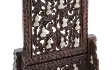 ANTIQUE CHINESE TABLE SCREEN WITH GOURD SHAPED JADE INLAYS