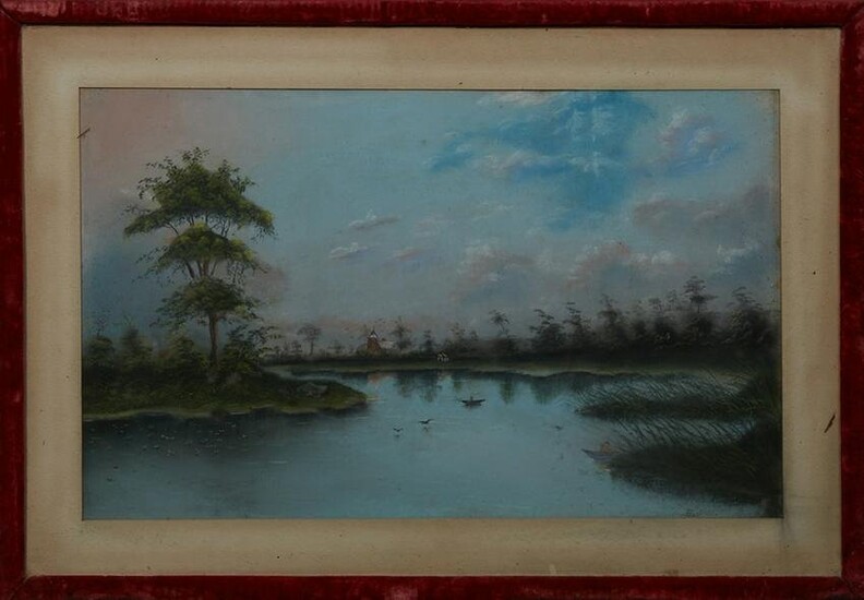 American School, "Lake Landscape with Boats and Trees