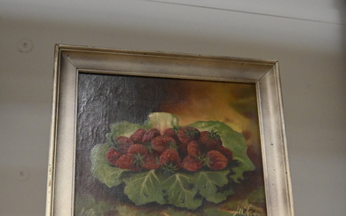 American School, Strawberries Still Life, framed oil