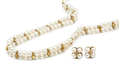 An 18ct gold and cultured pearl twin strand choker, the...