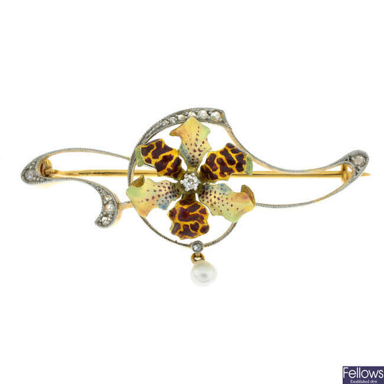 An Art Nouveau 18ct gold and platinum enamel orchid brooch, with vari-cut diamond whiplash line surround and pearl drop.