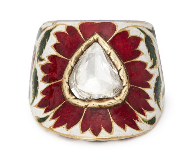 An impressive diamond-set enamelled gold archer's ring,...