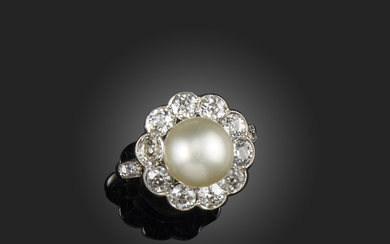 An natural pearl and diamond cluster ring, early 20th century