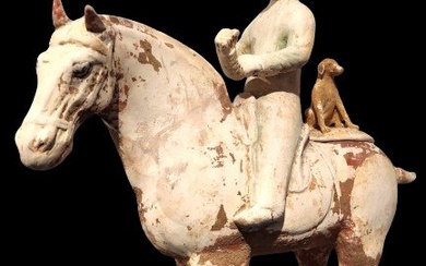 Ancient Chinese, Tang Dynasty Terracotta Ancient Chinese, Tang Dynasty Terracotta Horse Rider with his Dog. With TL Test. EX-SOTHEBY´S - - 40.6 cm