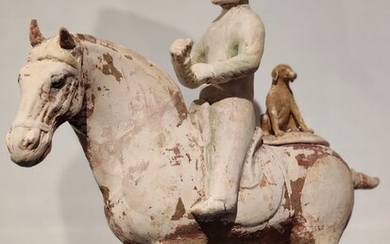 Ancient Chinese, Tang Dynasty Terracotta Rare Horse Rider with his Pet. With TL Test. EX-SOTHEBY´S - 40.6×.×. cm
