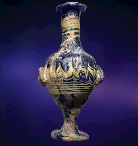 Ancient Greek, Hellenistic Glass Exquisite Blue and Yellow Core-Formed Glass Amphoriskos- a Luxury Parfume Bottle
