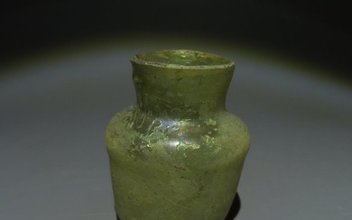 Ancient Roman Glass Intact Flask - Lacrimal. 1st - 3rd century A.D. 4,7 cm H. Exceptional blue-green and silver