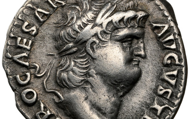 Ancients: , Nero, as Augustus (AD 54-68). AR denarius (18mm, 3.46 gm, 6h). NGC Choice VF 5/5 - 3/5, brushed....