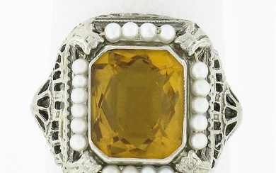Antique 14K Gold Rectangular Bezel Citrine Seed Pearl Halo w/ Open Filigree Ring