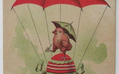 Antique 1910s Easter Card, Baby Chick with Parachute, Umbrella & Easter Egg