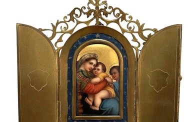 Antique 19th Century Virgin Mary Madonna with Child Hand Painted Porcelain Plaque