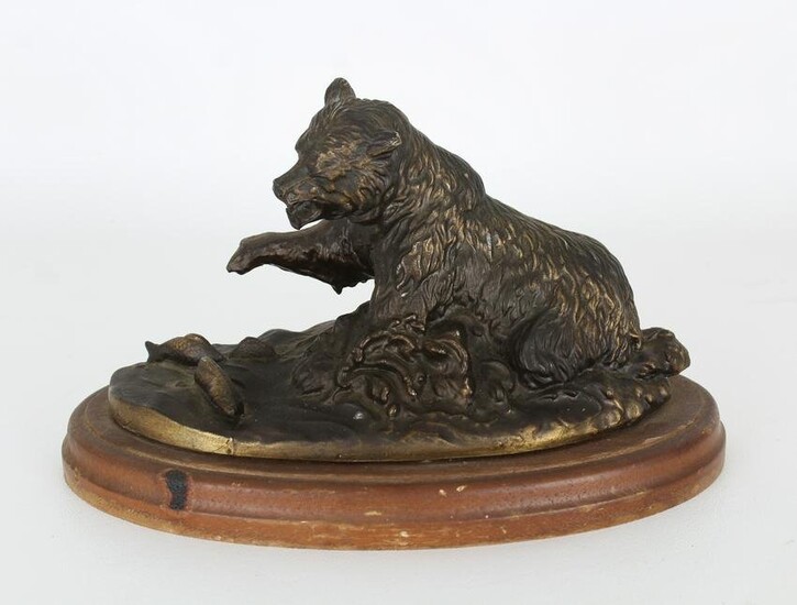 Antique Bronze Bear Figure with Fish