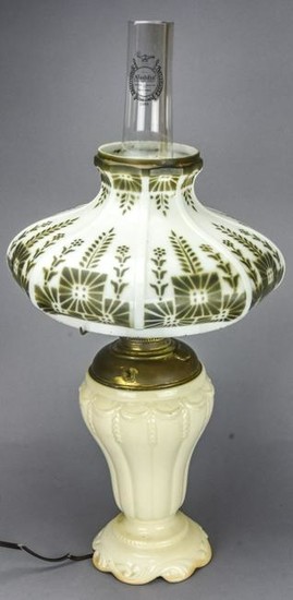 Antique Converted Oil Lamp Porcelain & Milk Glass
