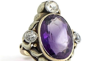 Antique Victorian Oval Amethyst Diamond Cocktail Ring 14K Yellow Gold, 8.73 Gr