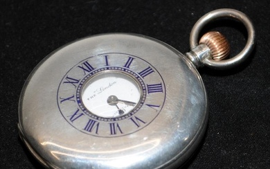 Antique sterling silver half hunter pocket watch, dial signe...