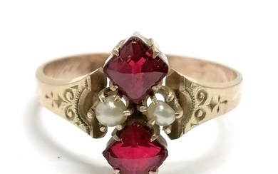 Antique unmarked gold garnet / pearl ring with inscription t...