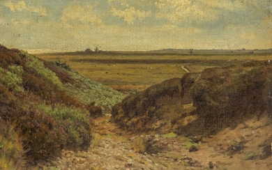 Attributed to Henry Hucks Gibbs, British 1819-1907- View of Dunwich, near Southwold; oil on canvas, bears inscription 'Sketch at Dunwich, near Southwold / on the coast of Suffolk. / H. Gibbs' on the reverse, 24.5 x 34.8 cm., (unframed). Provenance:...