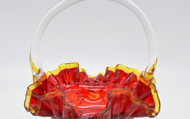 BASKET SHAPED CANDY, GLASS, RED-YELLOW-TRANSPARENT, WITH TEXTURED SURFACE, MURANO, ITALY, AROUND 1940S.