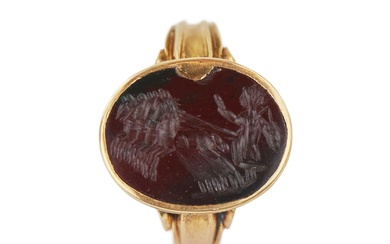 Bague ancienne en or 18 K (750), avec une gemme de jaspe rouge, ornee dun...