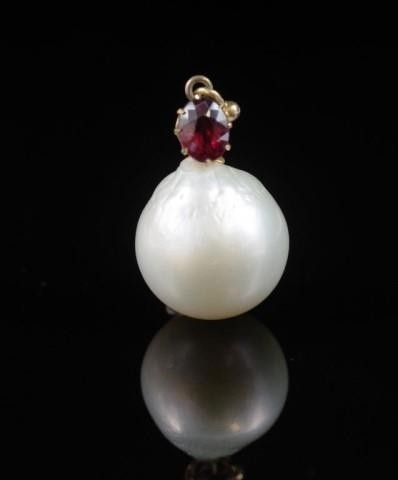 Baroque pearl, garnet and rose gold pendant approx cultured ...
