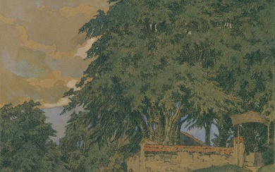 Baumbestandene Landstraße mit Blick auf eine ziegelsteinbekrönte Mauer rechts und Toreinfahrt, links an die Mauer gelehnt sitzen eine Frau und ein Kind.