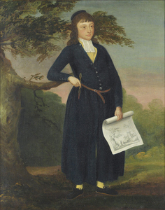 Benjamin Green (Halesowen c. 1736-c. 1800 London), Portrait of a boy, possibly Joseph Clarendon Smith (1778-1810), small full-length, in the uniform of Christ's Hospital, holding pen and a drawing