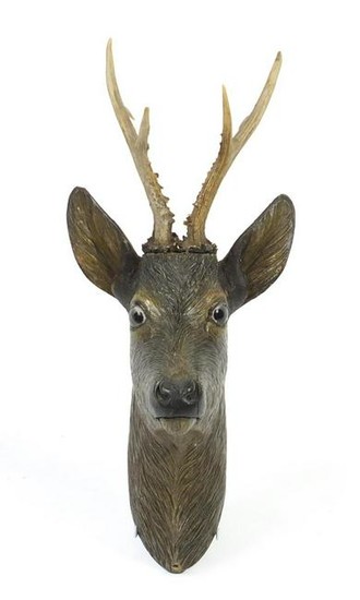 Black forest carved wood deer's head with glass eyes