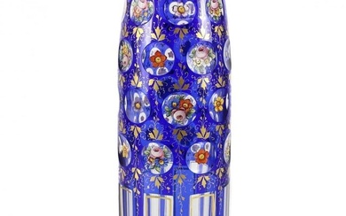 Bohemian Cut Glass Overlay Vase, Hand Painted Enamel Flowers 19th Century
