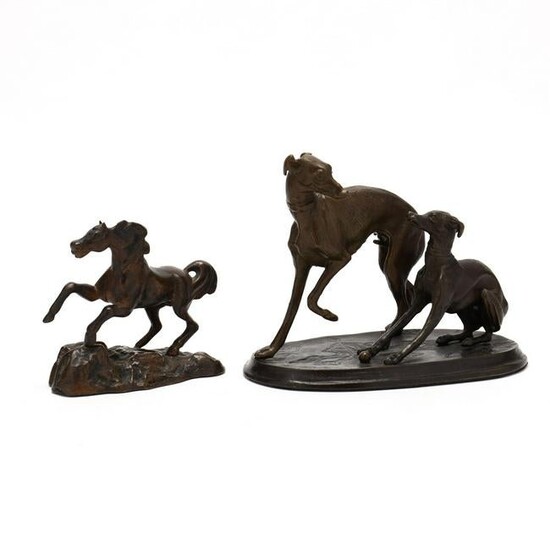 Bronze of Two Whippets and Cast Iron Horse Sculpture