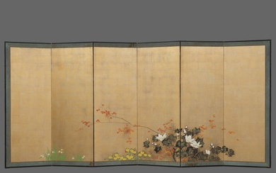 Byōbu folding screen - Paper, Lacquer, Wood, Gold leaf - Japan - Early Meiji period (Second half 19th century)