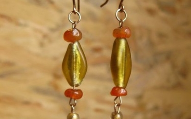 Byzantine Glass Earrings with Byzantium and Roman glass beads and Gold 14k.