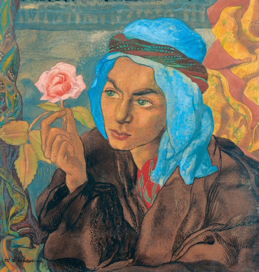 CHARLES CLOS OLSOMMER(Neuchâtel 1883-1966 Sierre)Jeune homme au turban et à la rose.Gouache et aquarelle sur...