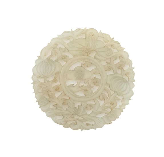 CHINESE WHITE JADE PENDANT Circular, with openwork flower and butterfly design. Diameter 2.5".