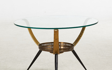 COFFEE TABLE, 20th century, Metal stand with glass top and loose brass tray.