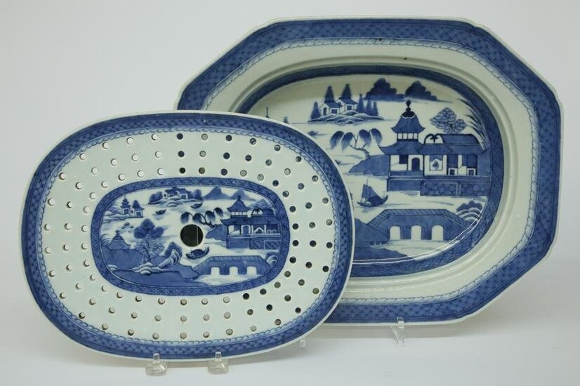 Canton Meat Platter and Strainer, 19th Century