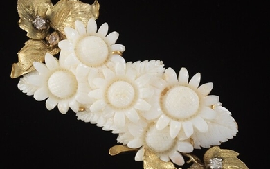 Carved White Coral, Diamond and Gemstone Brooch