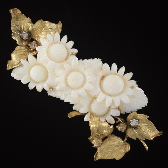 Carved White Coral, Diamond and Gemstone Brooch