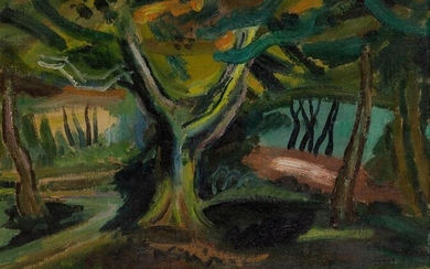Cathleen Sabine Mann ROI RP SWA, British 1896-1959 - Tree in a wooded clearing; oil on canvas, with a painting on the reverse of Jesus carrying the cross, 51 x 60.8 cm