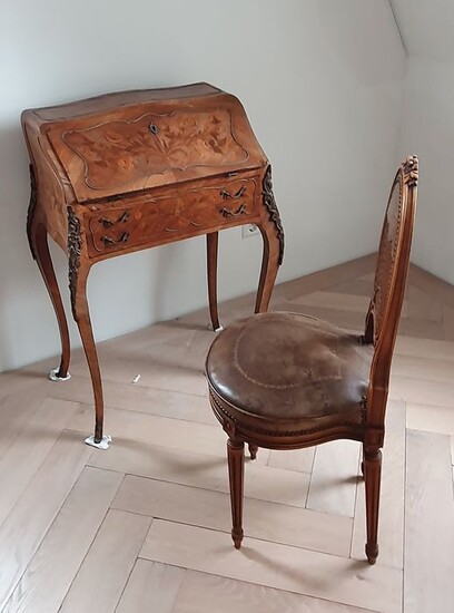 Chair, secretary of the pente (2) - Louis XV Style - Beech, Bronze, Leather, Rosewood, Marquetry - Approx 1900