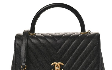 Chanel Caviar Chevron Quilted Small Coco Handle Flap Black