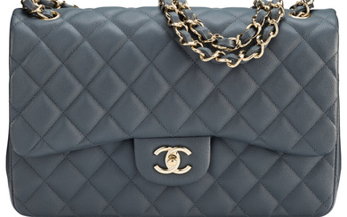 Chanel Gray Quilted Caviar Leather Jumbo Classic Double Flap...