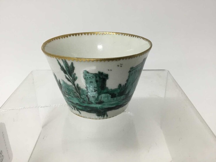Chelsea tea bowl, painted in green monochrome with a continuous landscape